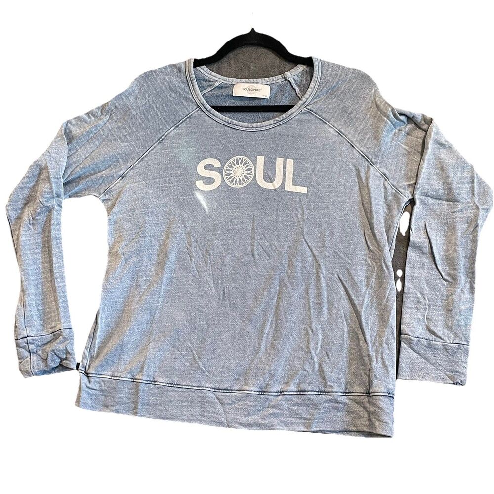 SoulCycle Spell Out Activewear Logo Shirt Women Large Blue Long Sleeve pullovers